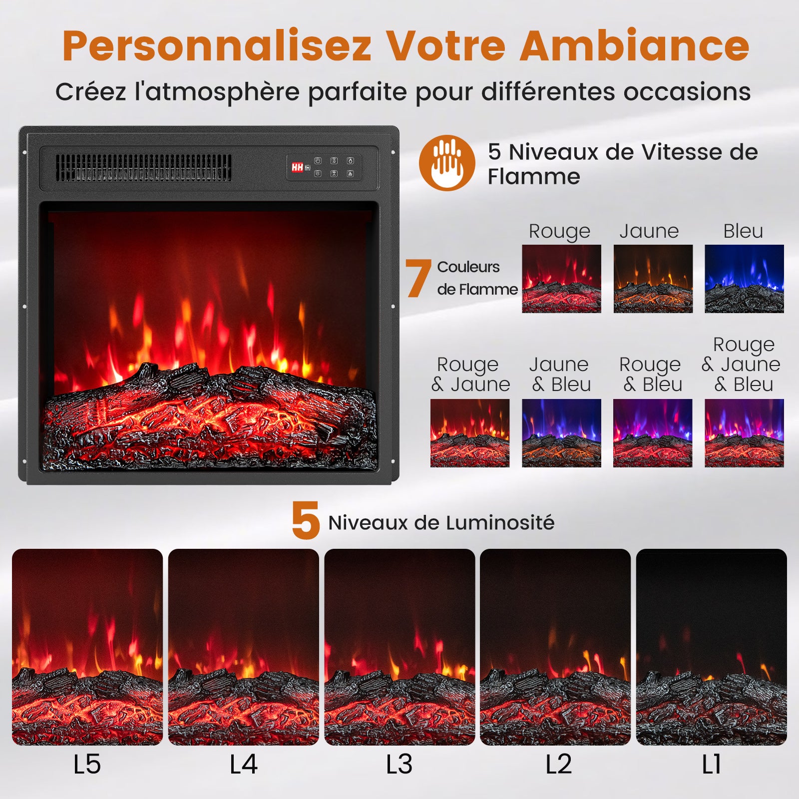 Cheminée Électrique Encastrable 750W/1500W avec Télécommande, Réglable en Couleur & Luminosité, Minute 8H Protection Contre Surchauffe - 2