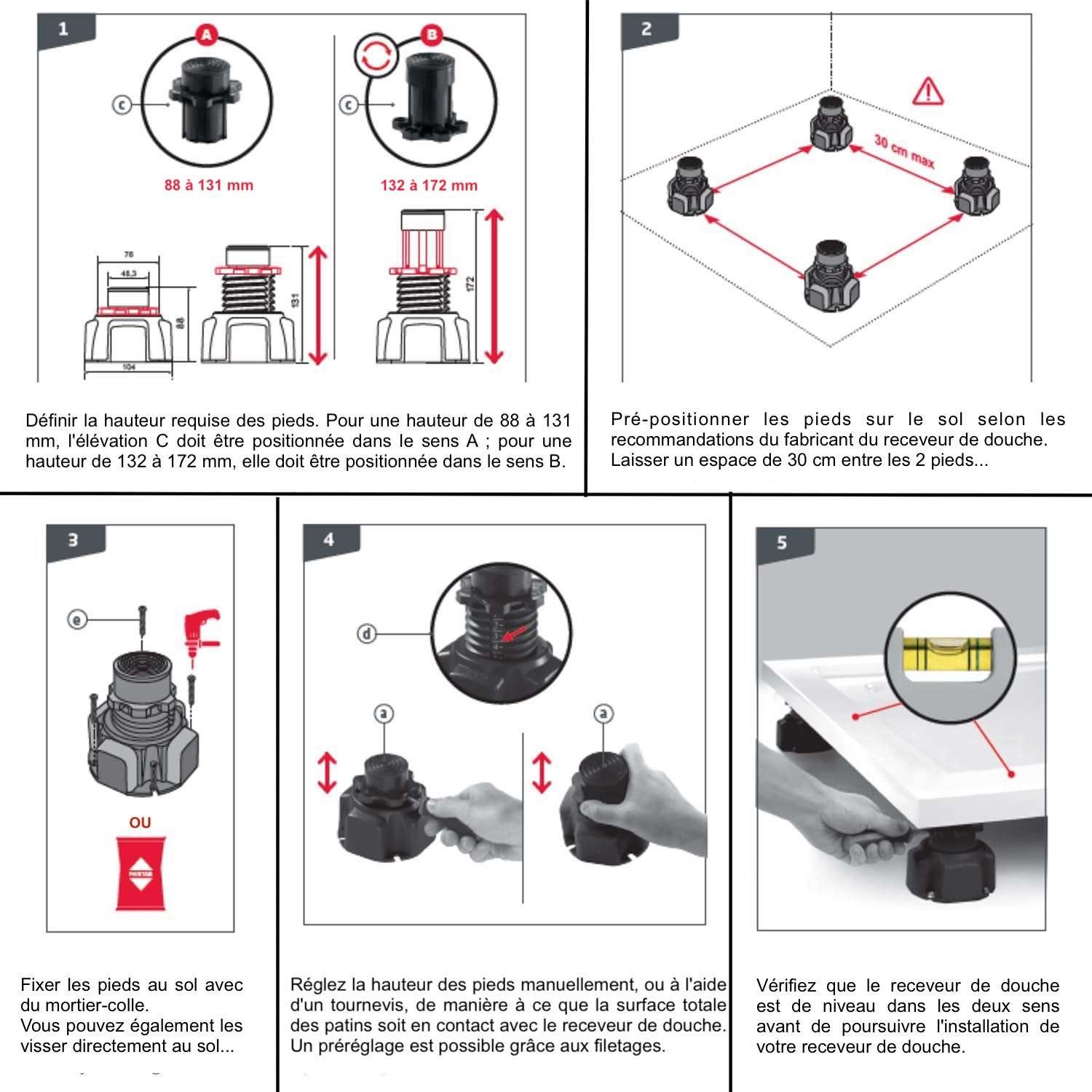 Lot de 6 pieds pour receveur de douche Wirquin réglables en hauteur de 88 à 172mm - 7