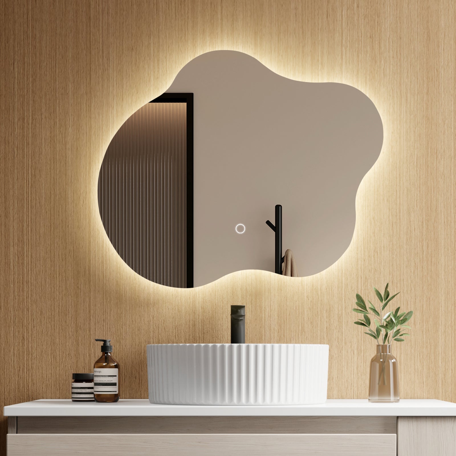 EMKE Lustro łazienkowe z oświetleniem LED 60x50 cm, z 3 barwy światła, możliwość ściemniania, przeciwmgielne, funkcja pamięci, bezramowe