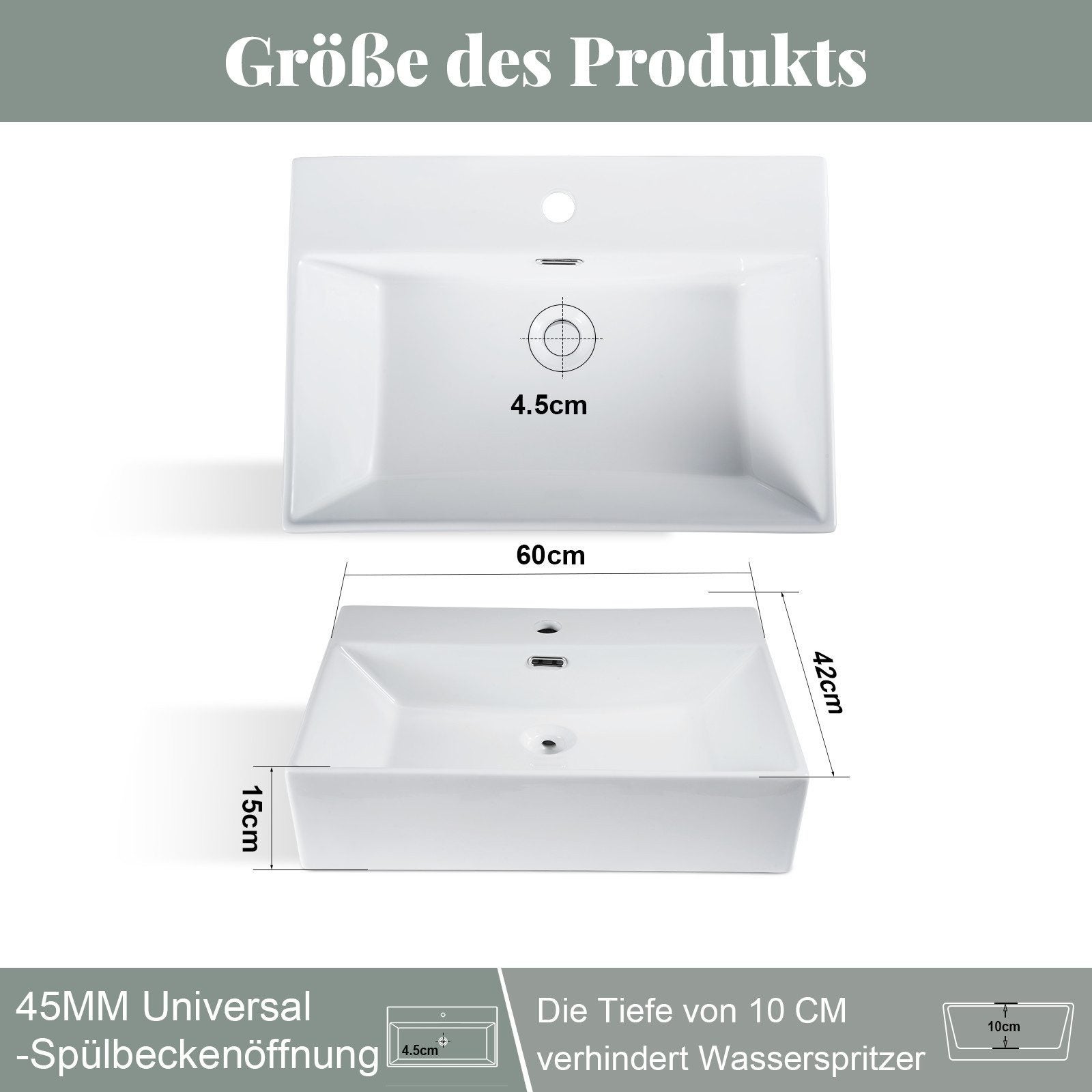 Lavabo da appoggio NETTLIFE, lavabo da bagno in ceramica bianca - Lavabo quadrato 60*42 cm - 4