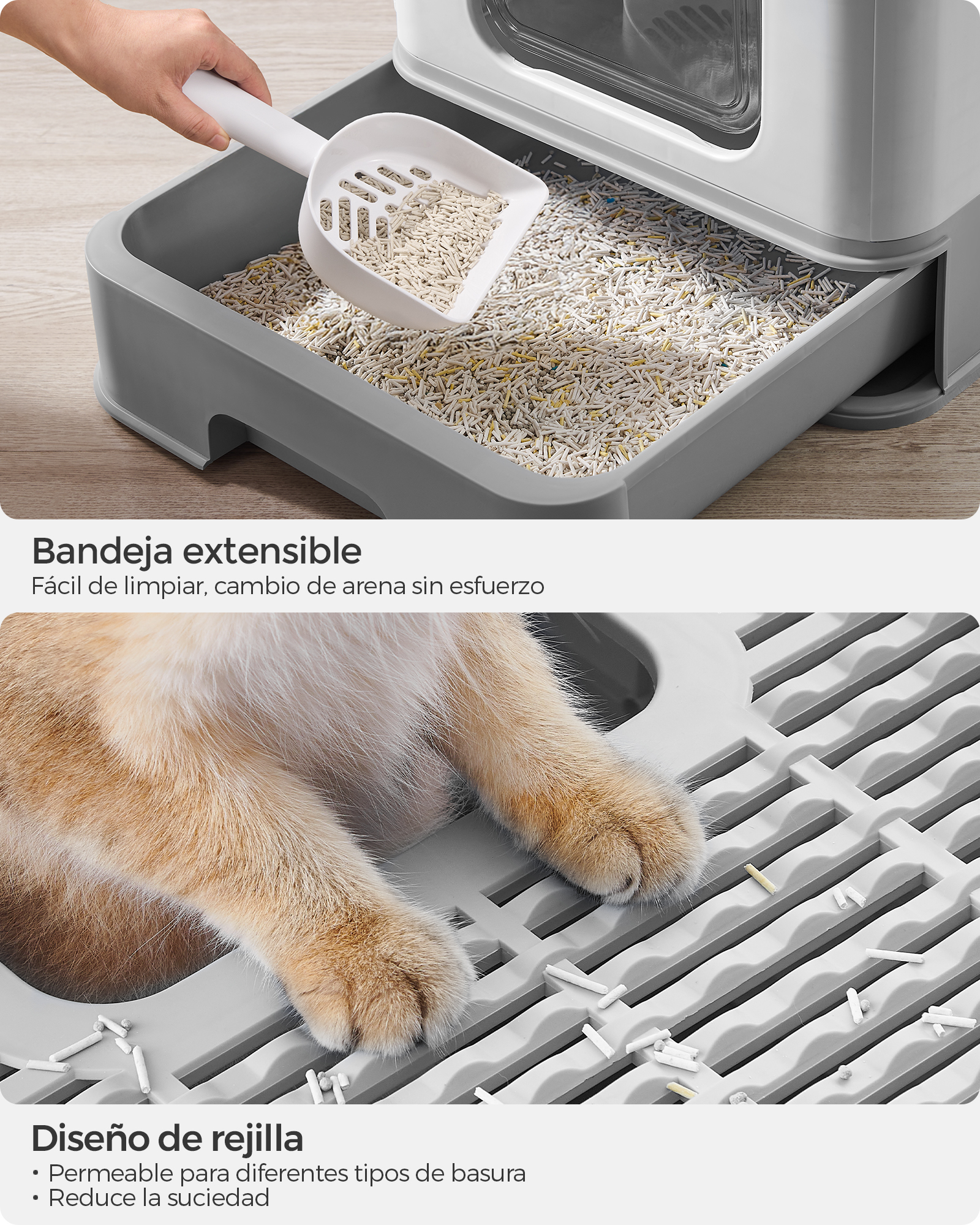 Arenero para Gatos, Caja Arena con Bandeja Extraíble, Pala, Cepillo, Carga de 15 kg, Antifiltración, Antiescapes, Gris - 4