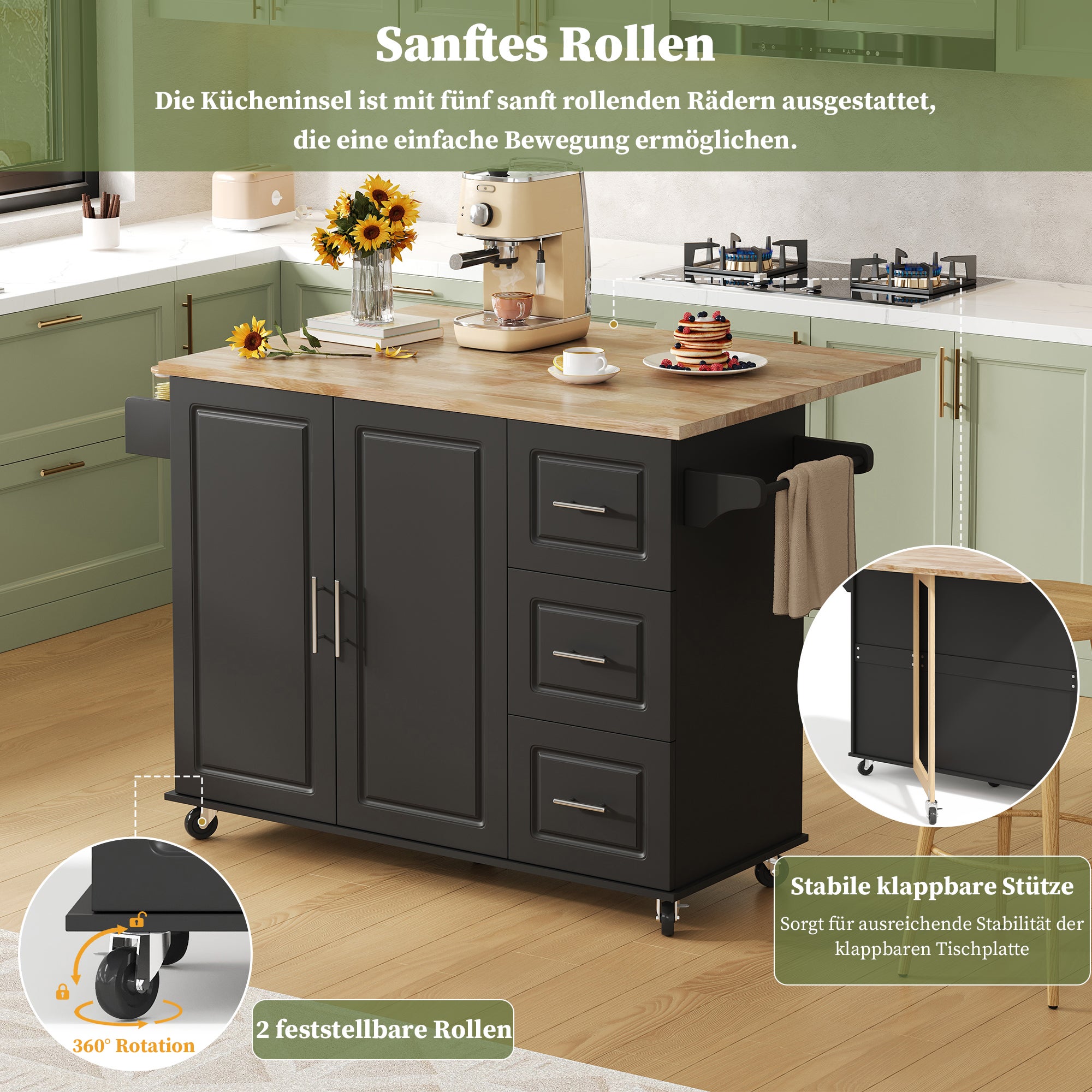 Ilot central de cuisine 137x43-76x92 cm - Plateau extensible, Cuisine multifonction avec 3 Tiroirs et Porte-Serviettes Plan de Travail en Chêne, Noir - 3