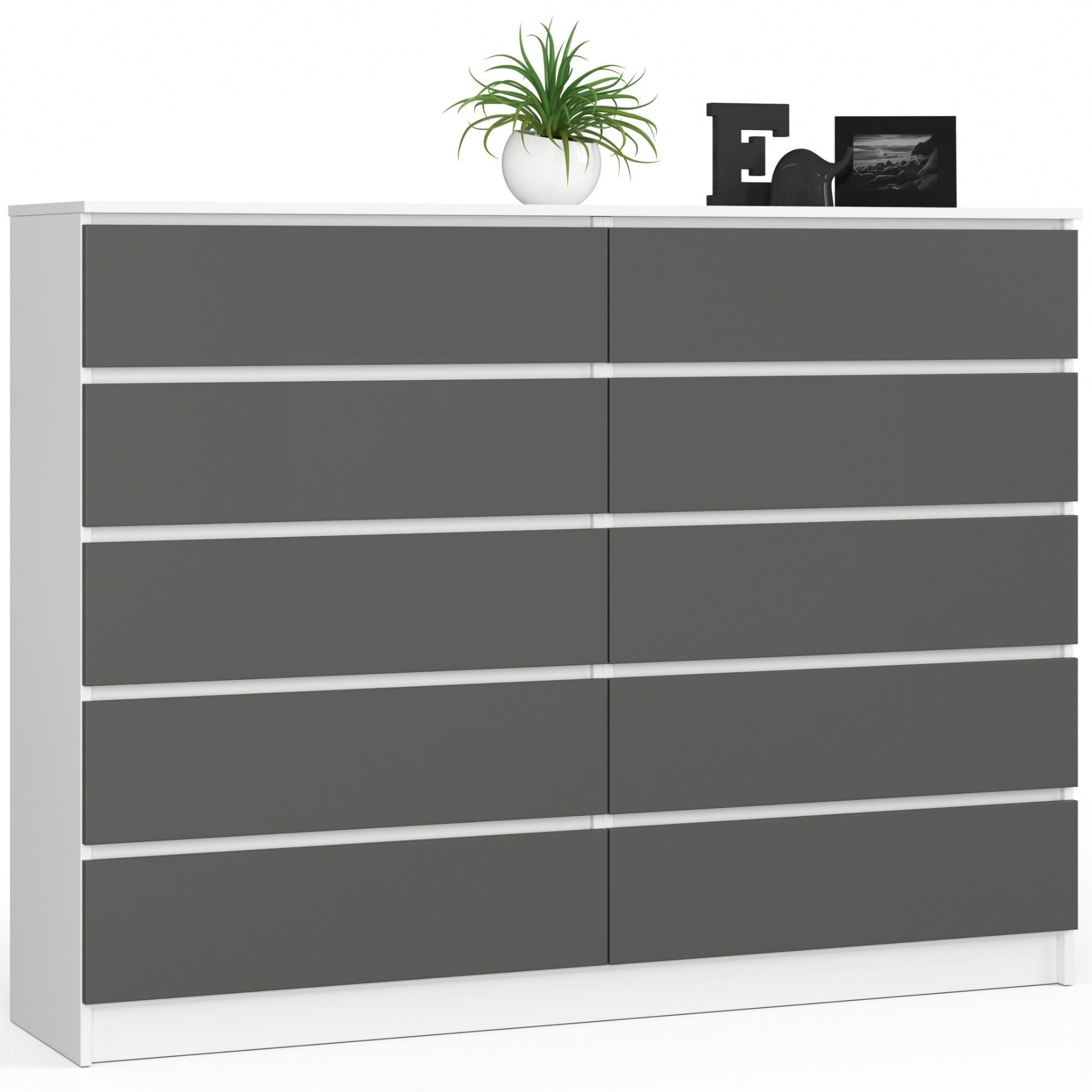 Komoda AKORD K160 Biała 160 cm 10 szuflad kolor Grafit Szary mat 160x40x121 cm