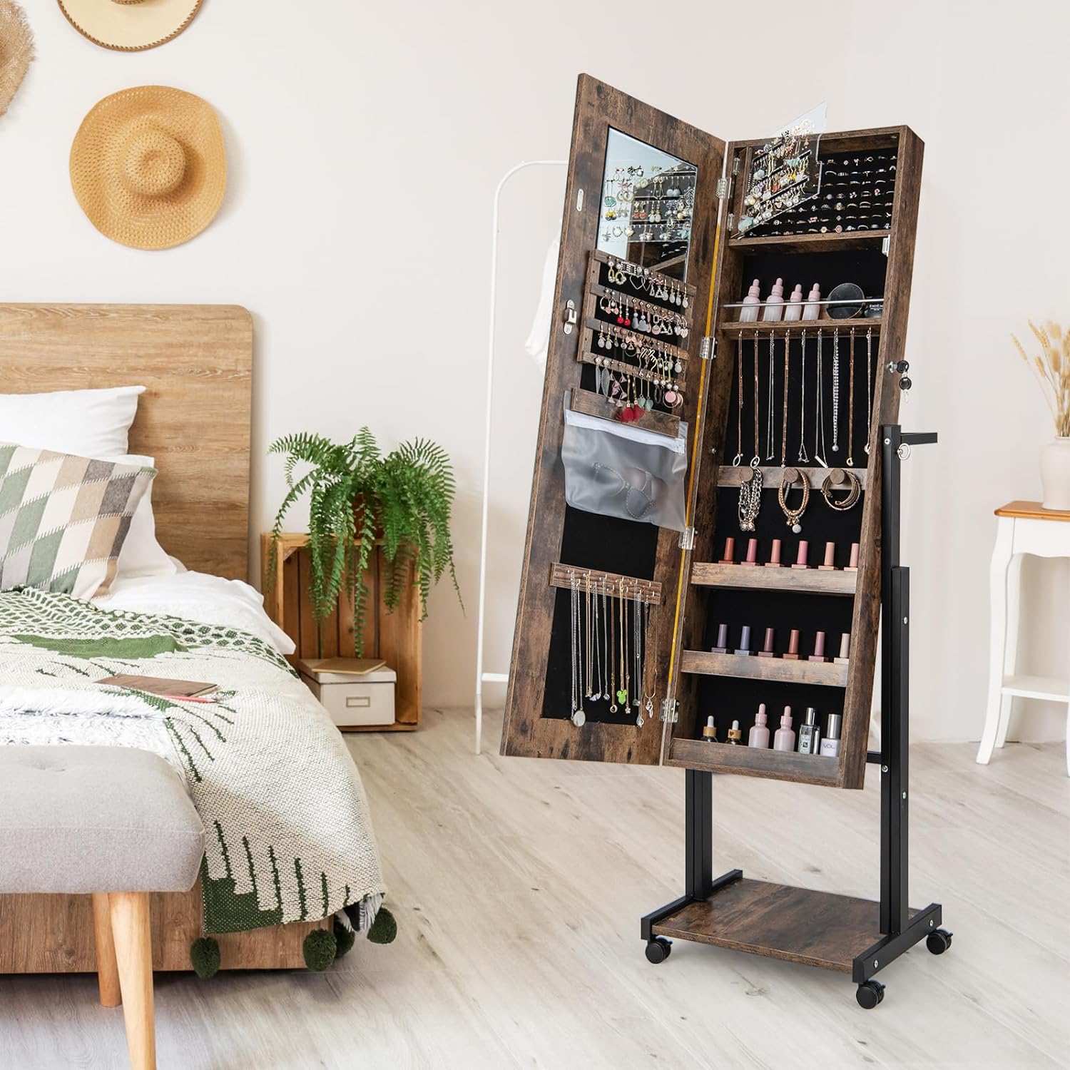 Armoire à Bijoux Miroir Pleine Longueur avec LED Réglable en Hauteur et en Angle-Roues Universelles et Porte-manteau, Marron - 3