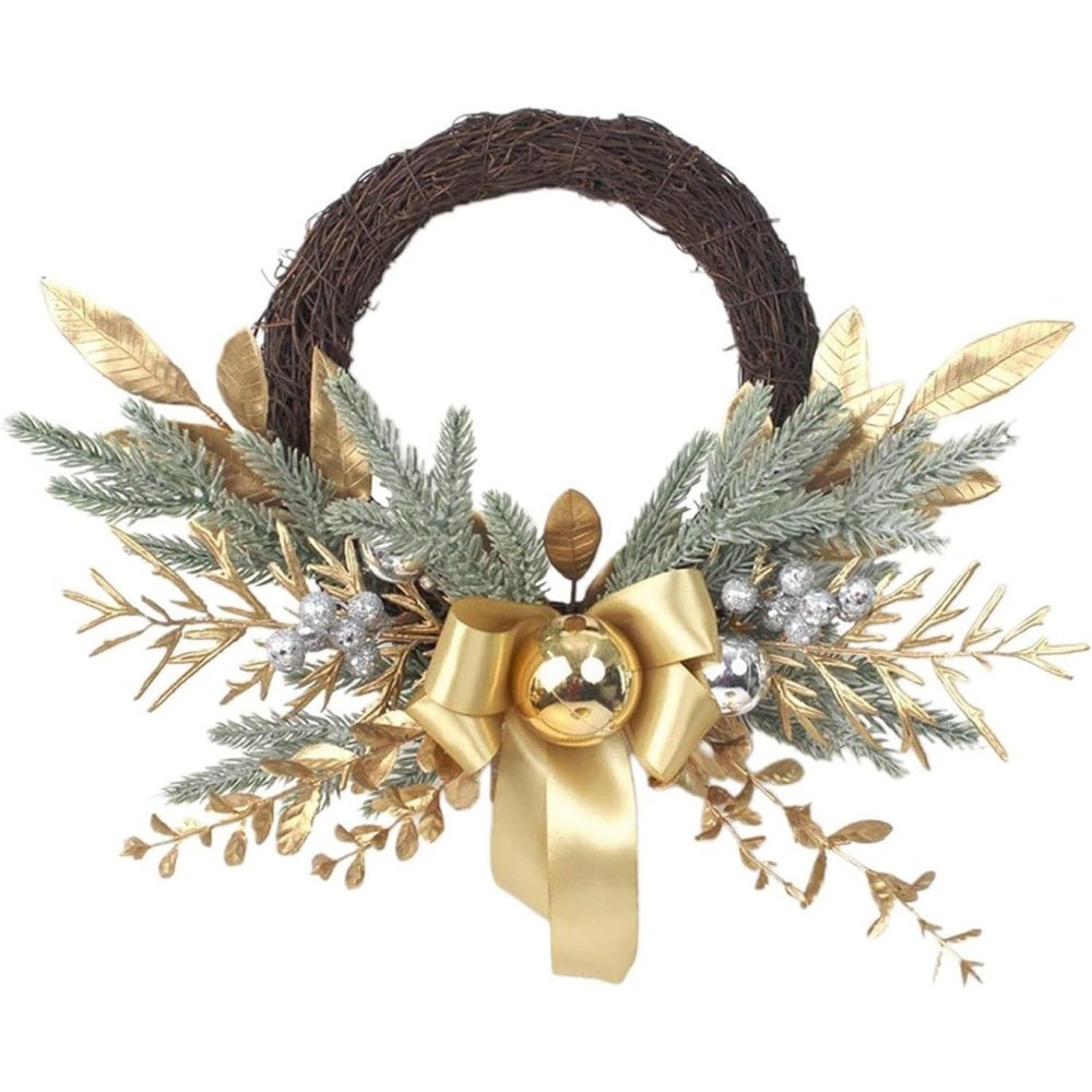 Coroană de Crăciun pentru ușă, 45 cm, fructe de pădure argintii, ace de pin și conuri de pin, decor elegant și festiv pentru ușa de la intrare