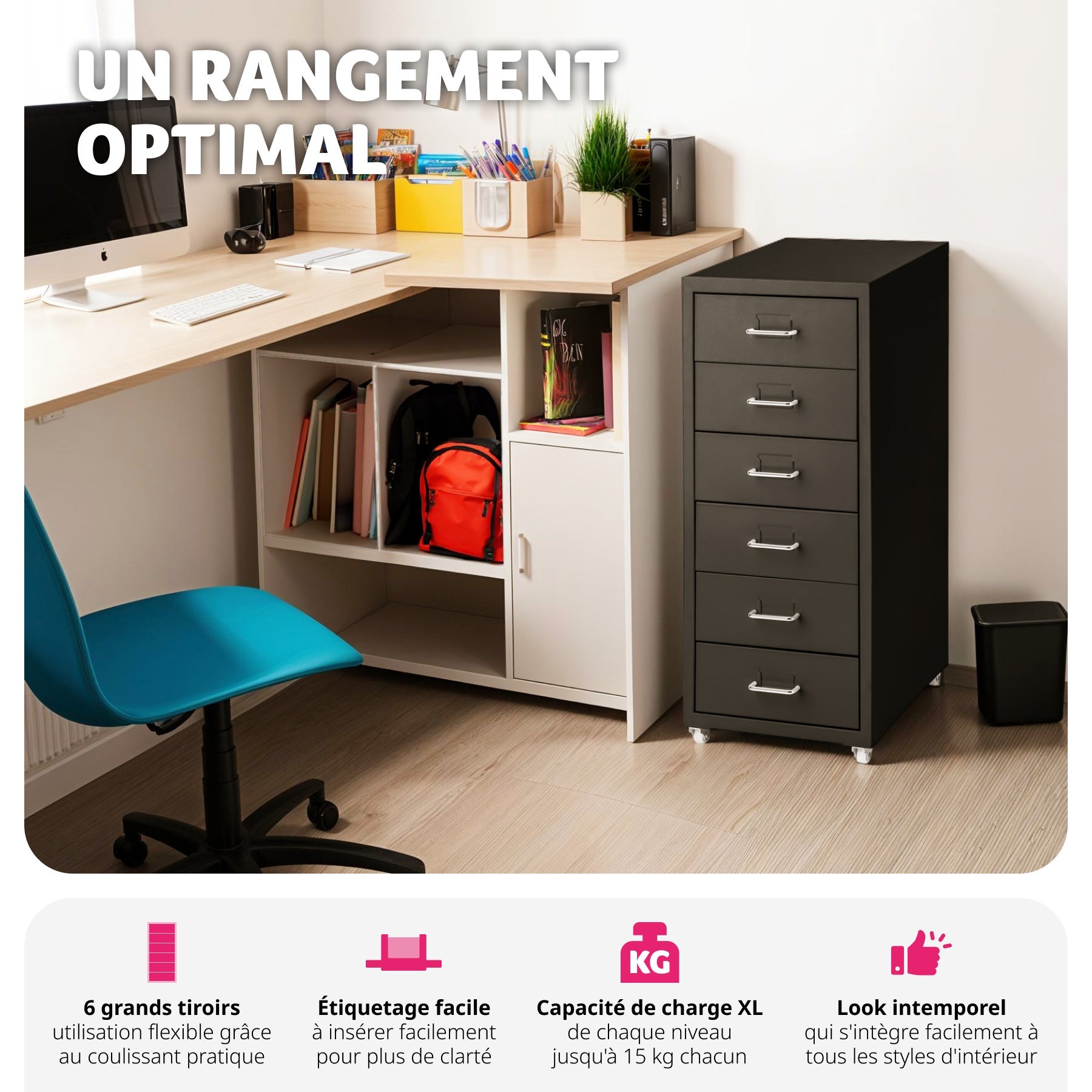 Caisson de bureau roulant en métal 41x28x69cm en acier TECTAKE - 3
