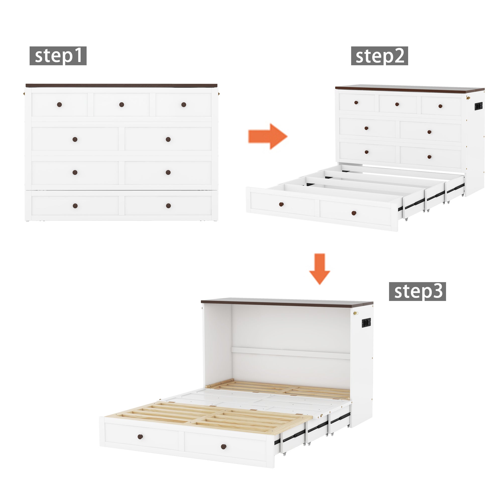Lit escamotable 140 x 200 cm avec 2 tiroirs et étagère en tête de lit - Bois de pin et MDF - Prise USB - Blanc - 8