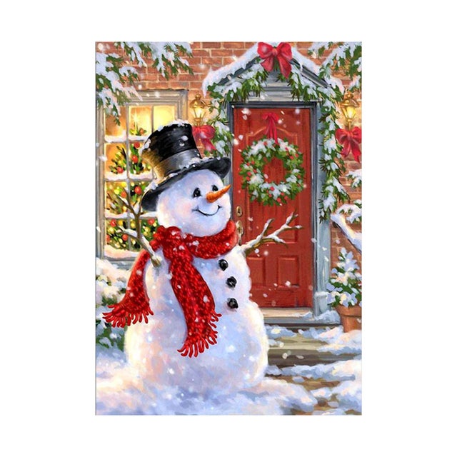 Tableau Noël Peint à La Main - Cabane Enneigée - 24x24 Pouces - Toile Encadrée - Neuf