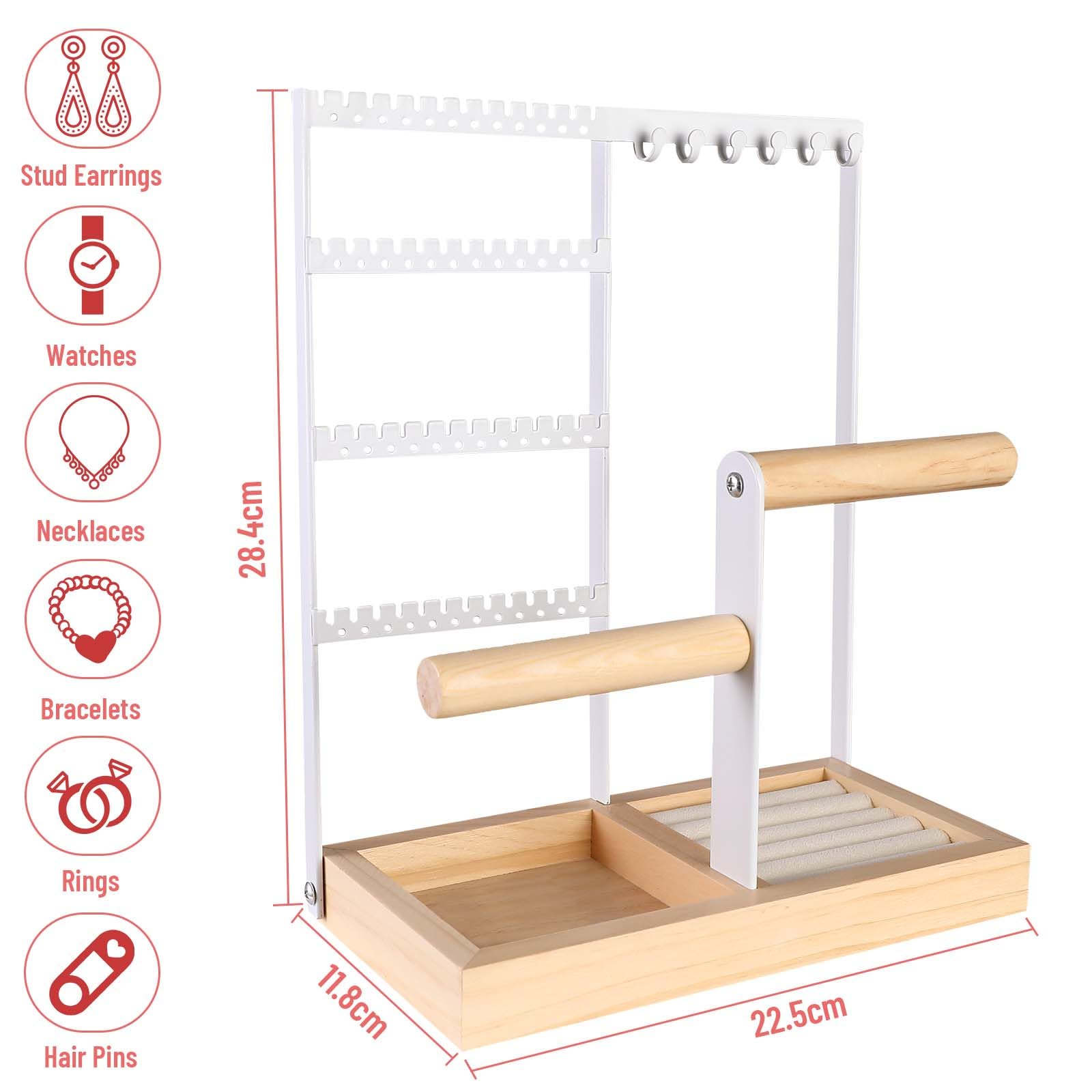 Présentoir à bijoux porte-chaîne en Metal et Bois Durable,4 niveaux, avec Plateau et Crochets,rangement pour bagues, boucles d'oreilles,bracelets - 3