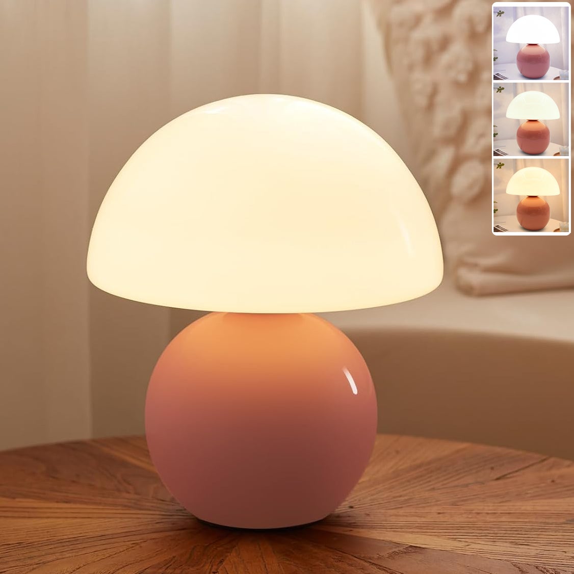 Lampa stołowa grzybek, lampka nocna, artystyczna lampa szklana z ceramiczną podstawą, dekoracyjna lampa biurkowa tworząca nastrój, 3 tryby oświetlenia