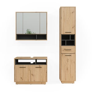 Ensemble Salle De Bain Kiko 3 Pièces En Chêne Rustique - Armoire Haute, Meuble Lavabo & Miroir - Vicco