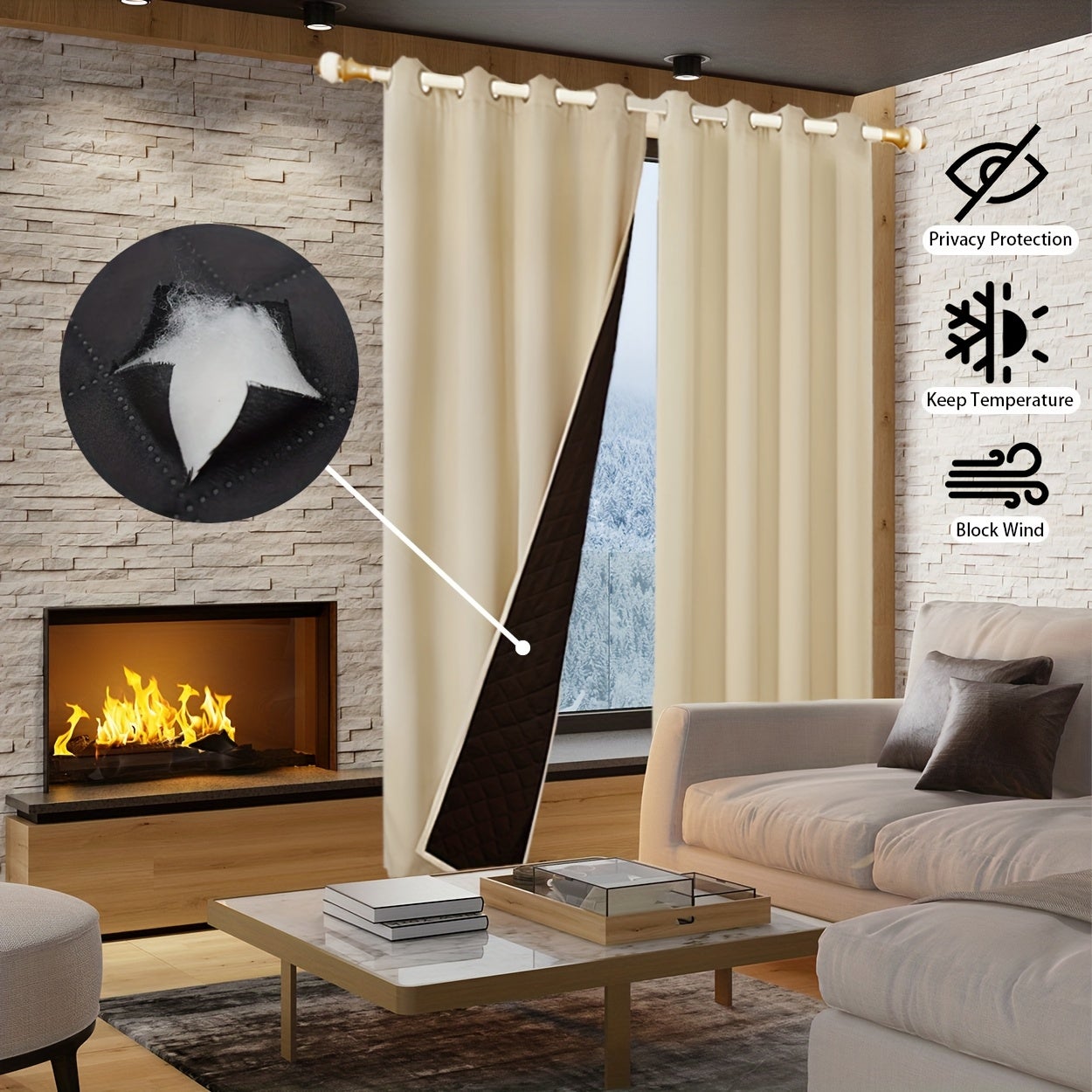 MINICLOSS Rideaux d'hiver épais coupe-vent, rideaux à trois couches isolants contre le froid, rideaux unis doublés de coton (gris, 132 x 160 cm) - 7