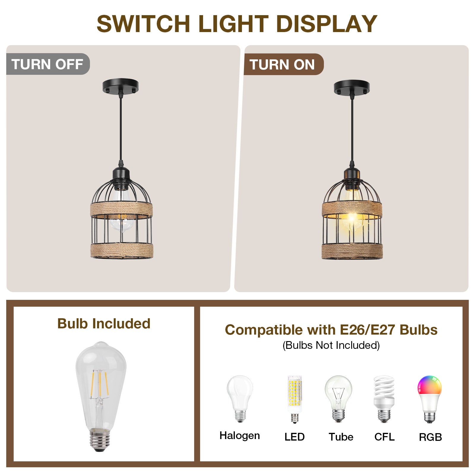 Lampa wisząca z rattanu, żyrandol z ręcznie wykonaną klatką mała lampa wisząca w stylu rustykalnym do kuchni z wyspą Jadalnia(Żarówka E27 w zestawie) - 7