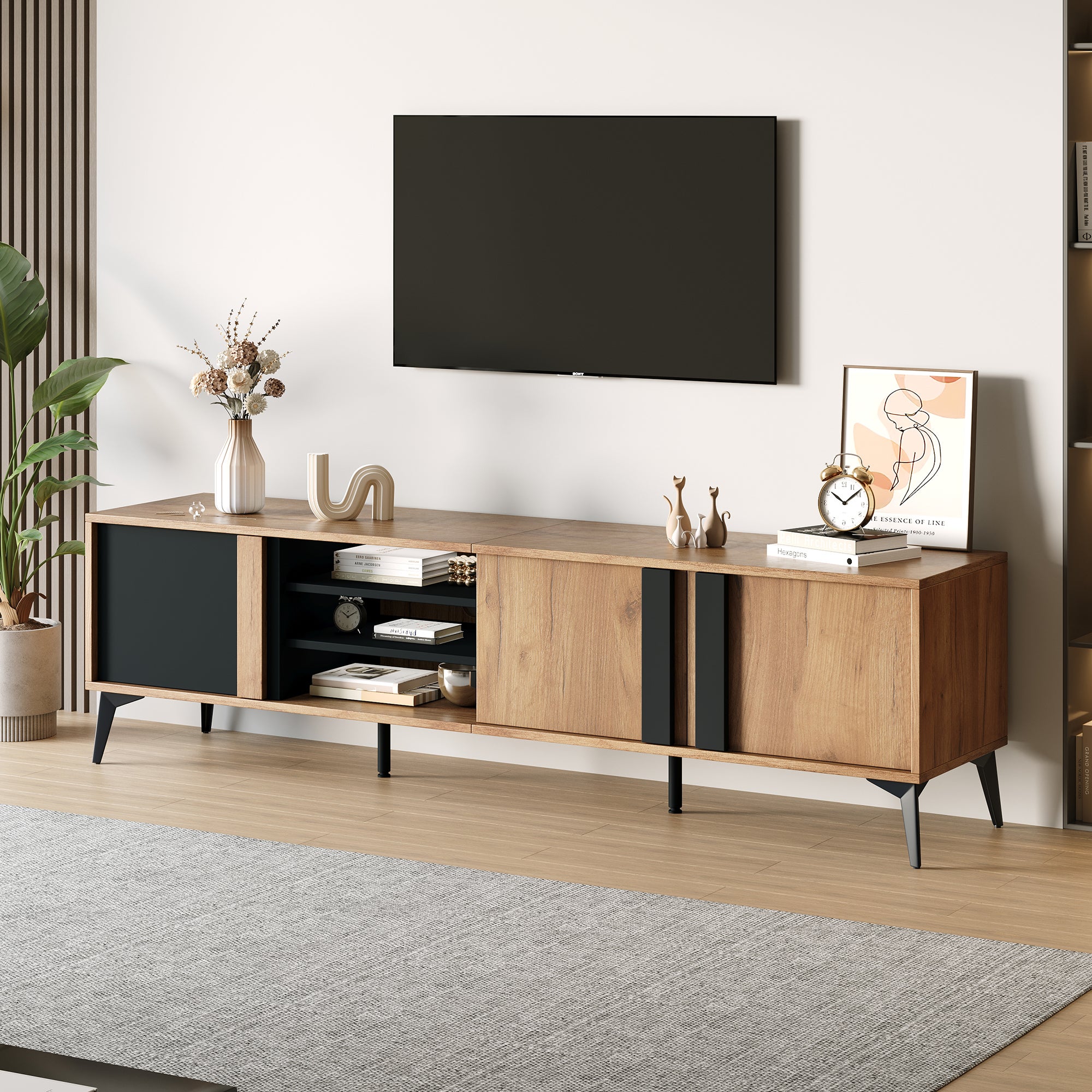 Meuble TV avec 3 portes et 3 niches ouvertes - 180 x 40 x 50 cm - Panneau de particules - Marron et noir - 6