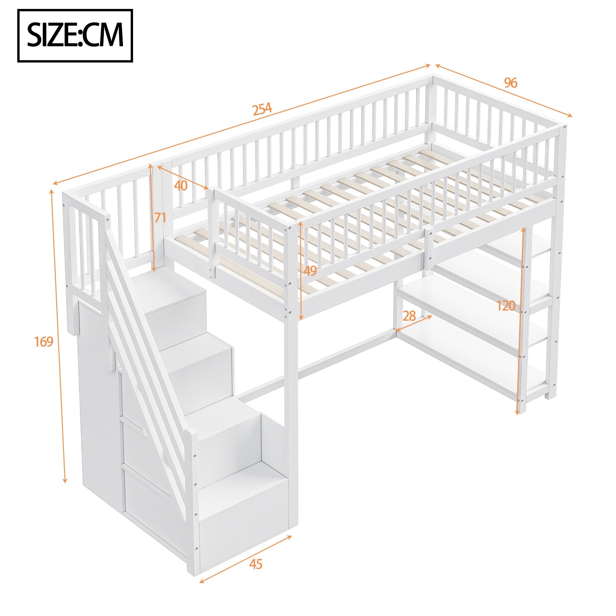 Lit mezzanine 90 x 200 cm, haute barrière de sécurité, avec penderie, étagères et rangement avec échelle de sécurité, lit multifonction, blanc - 9
