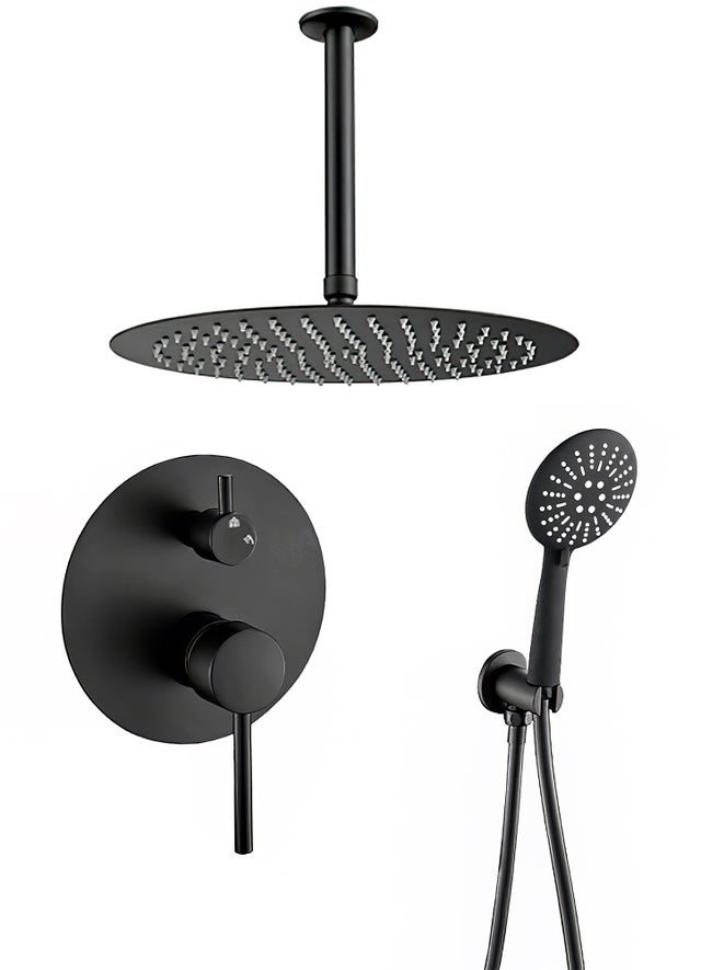 Valaz Douche encastrée ronde, noir mat, monocommande, montage au plafond, avec poignée large - Série Cabriel - 25 cm