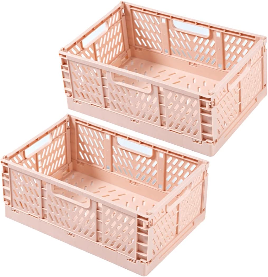 Zestaw 2 składanych plastikowych pudełek do przechowywania, 30,5 x 20 x 12,2 cm, do sypialni i biura (różowy)
