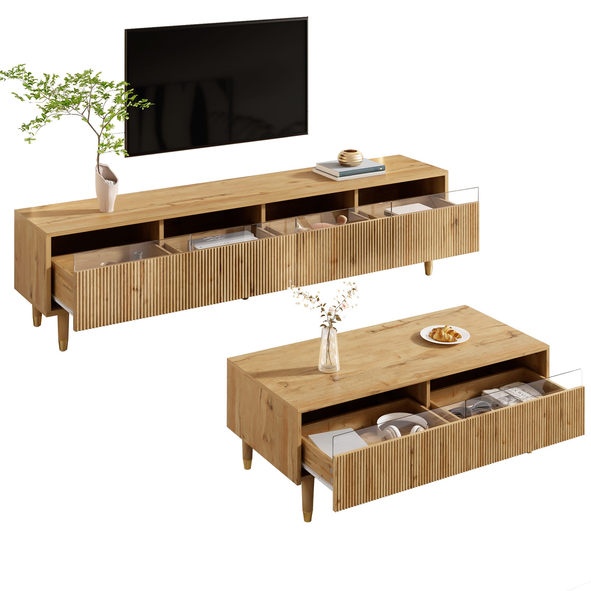 Table Basse Bois 2 Niveaux 35 X 16 X 17 Pouces - Style Naturel Avec Etagère Rangement Salon