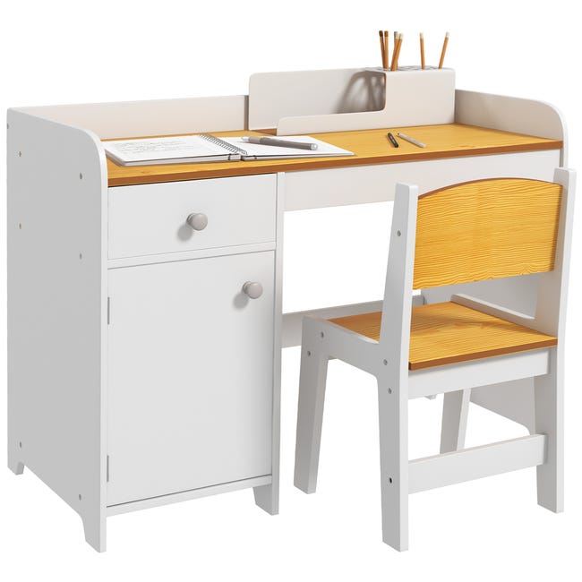 Bureau et chaise d'écolier en bois blanc pour enfants de 3 à 6 ans ...
