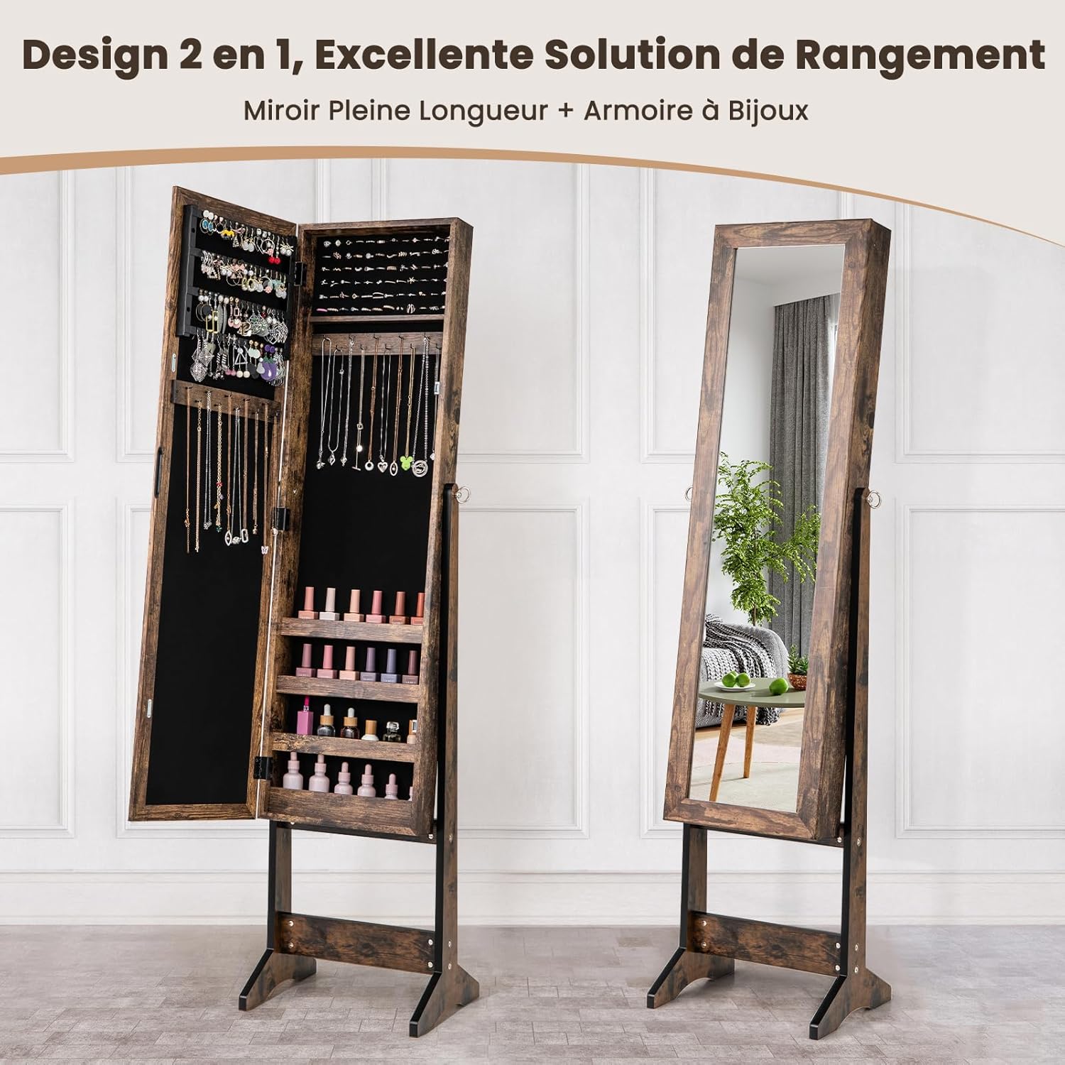 Armoire à Bijoux sur Pied avec Miroir Inclinable en 3 Positions, Convient pour Salon, Chambre et Porche (Marron Rustique) - 3