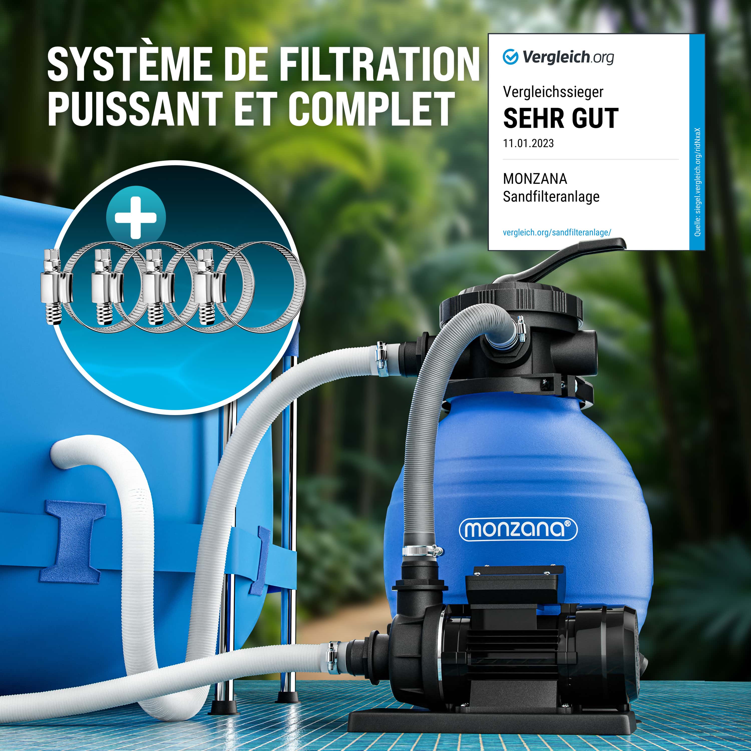 MONZANA® Pompe filtre à sable 10,2m³ auto-amorçante piscines jusqu’à 35m³ certifié TÜV vanne 7 voies raccord 2en1 Ø32-38mm système filtration sable - 3