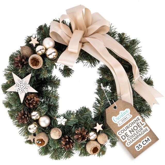 Creative Home Corona de Navidad para Puerta Guirlanda Champán | Redonda Diámetro 35cm | Pared Mesa Chimenea Adornos Decoración Coronas Navideñas