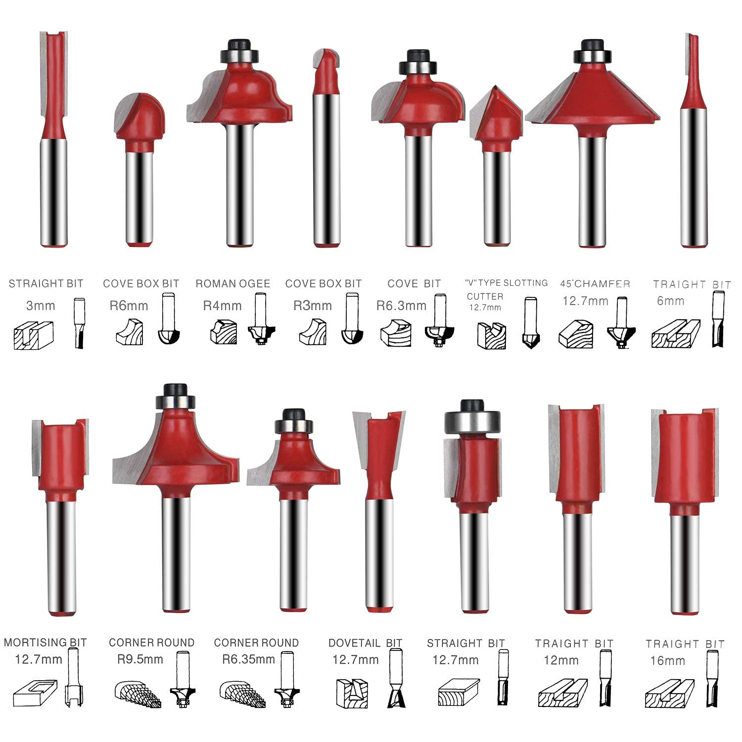 Fresa per fresatrice con gambo da 6,35 mm, 15 pezzi, queste frese per scanalature in legno di carburo di tungsteno per la finitura del legno (scatola in plastica