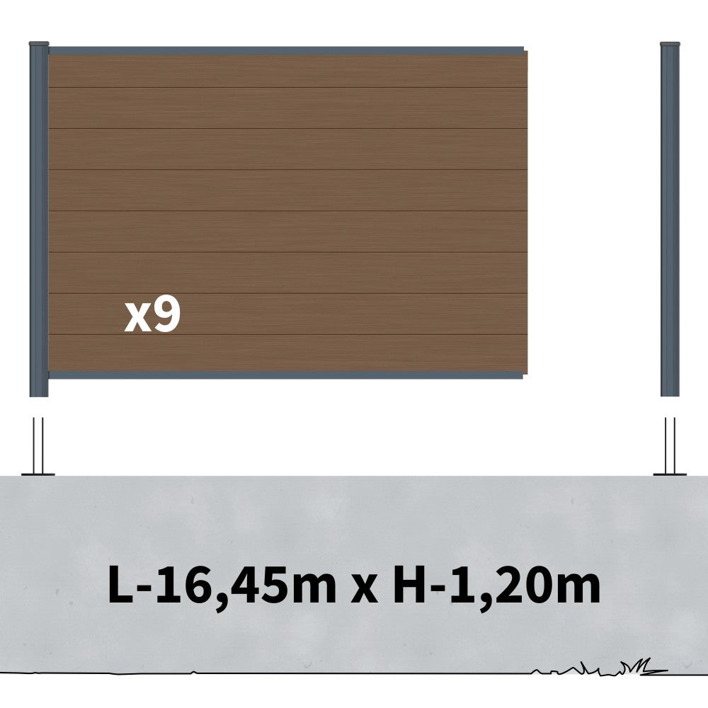 Kit Clôture Composite sur Muret RIO Bronze 16,5x1,2m - Bois composite & Aluminium - Poteaux sur Platines Gris - Brise vue - 2
