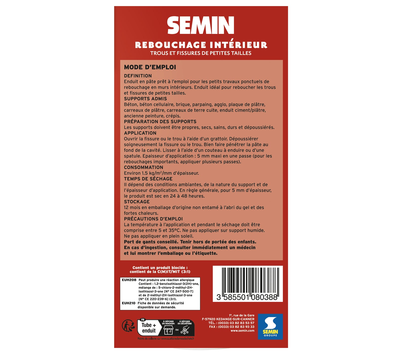 Semin - Enduit de Rebouchage et Lissage, Trous et Fissures, Intérieur, Tube 330 g - 5