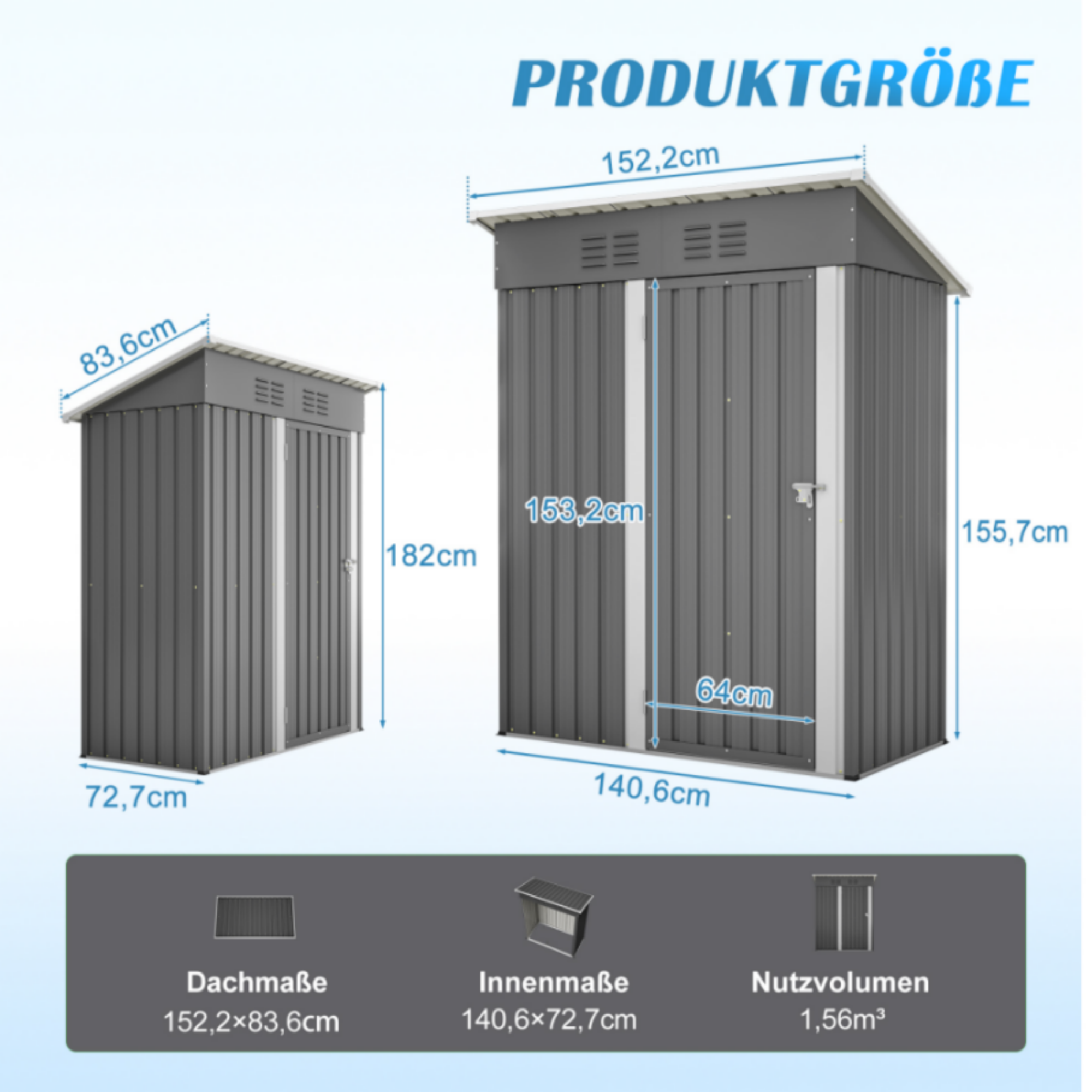Cabane de jardin, remise à outils à une porte verrouillable, sans fenêtre, espace de stockage 1,27 m², 152×84×182 cm, gris foncé - 3