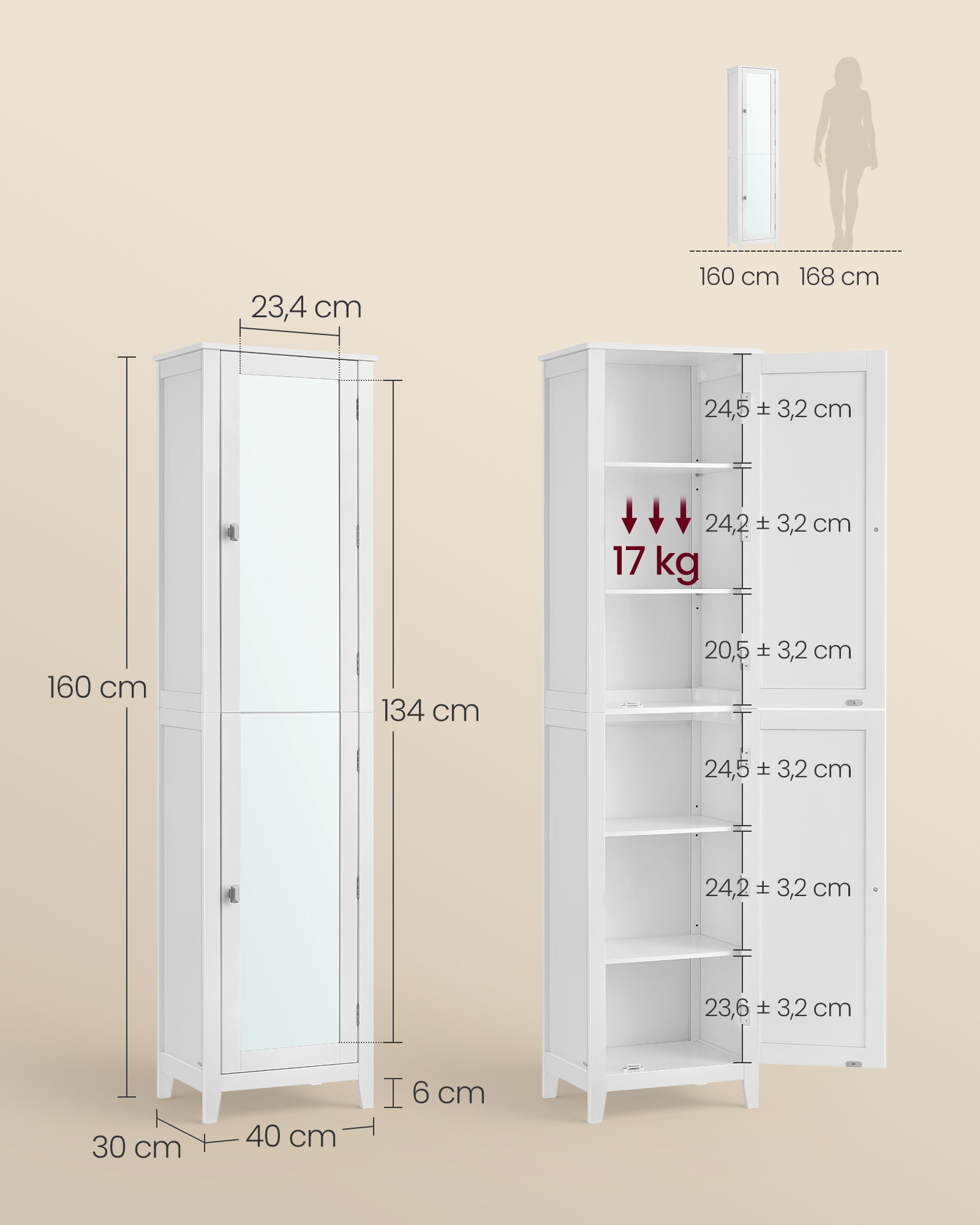 Armoire de Salle de Bain Haut, avec Miroir Pleine Longueur, Meuble de Salle de Bain, avec Étagères Réglables, 30 x 40 x 160 cm,Blanc - 5