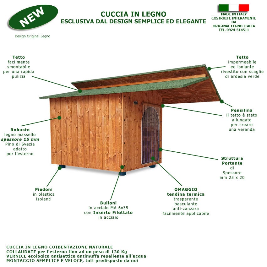 Cuccia in Legno per Cane Grande da Esterno mod. Alpi con Pensilina E - Alano + TENDINA - 2