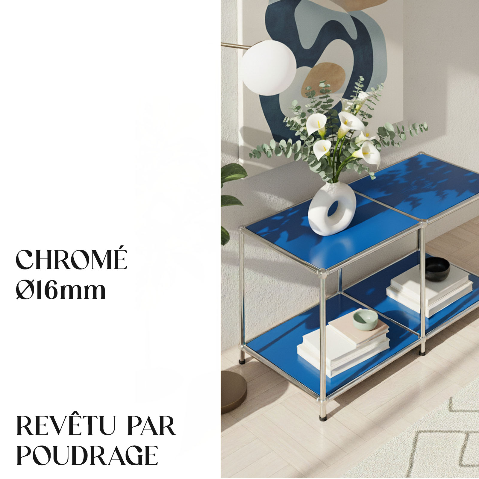 Étagère métal chromé design épuré, Concept Epuré MK-016, L78× P40 × H46 cm, Bleu - 4
