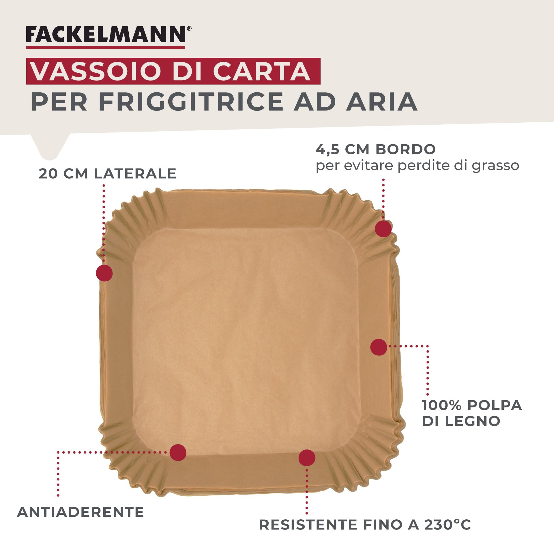 Fackelmann Vassoio di carta per friggitrice ad aria, carta per friggitrice quadrata, polpa di legno antiaderente e impermeabile, resistente fino a 230 - 2