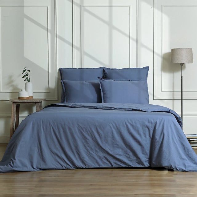 Parure + taies 50x70 240x220+2(50x70) percale de coton bleu denim