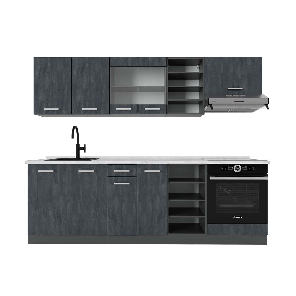 Vicco Zabudowa kuchenna R-Line, Czarny beton/antracyt, 240 cm BP Marmur