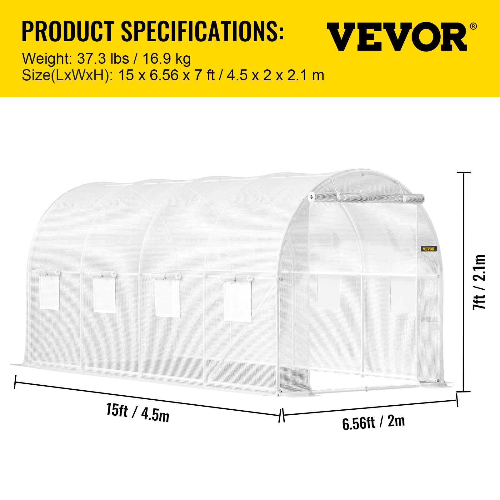 Serre Tunnel Jardin VEVOR 4,6x2,1x2,1 m Tente Abri Plantes Cadre en Acier Galvanise Couverture Etanche PE 1 Poutre Superieure 2 Poteaux Diagonaux 1 Po - 7