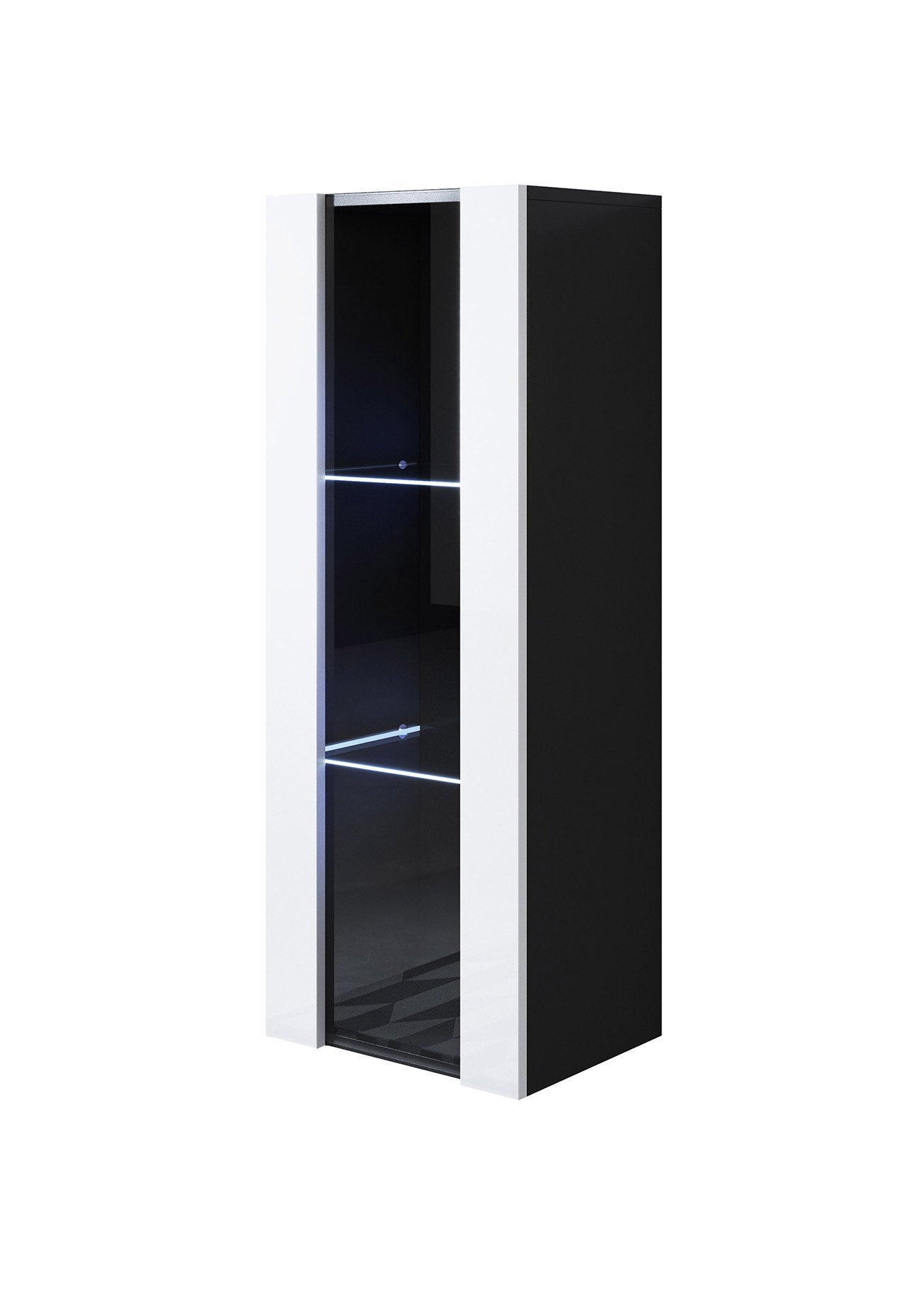 Vitrina De Pared O Suelo Con Puertas De Cristal ESG, 4 Estantes, Color Negro Con Fondo Blanco, Medidas 40x60x13 Cm, Para Coleccionables
