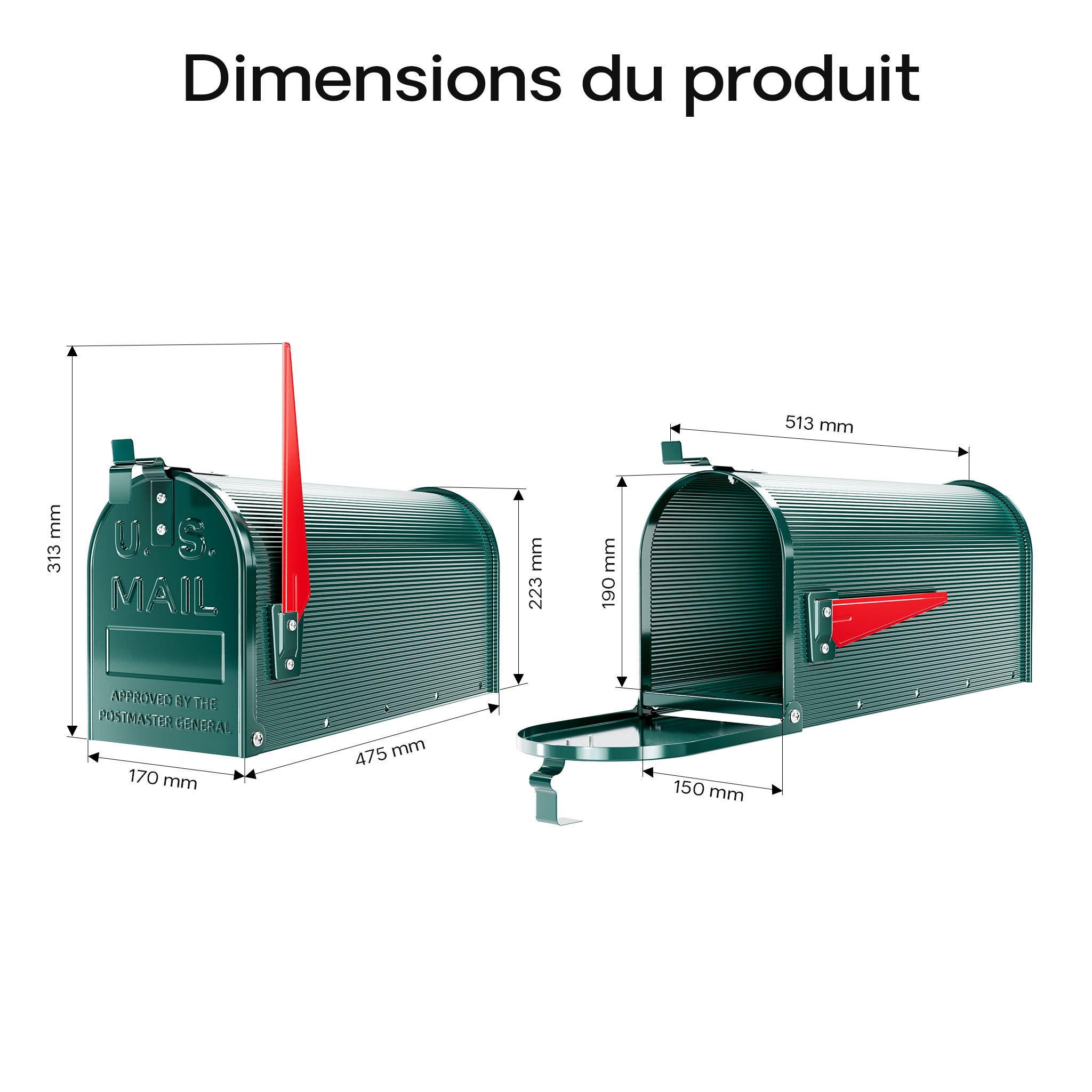Boîte aux lettres design style américain, 150 x 513 x 223 mm, Couleur verte, Acier galvanisé, Boîte postale US Mailbox avec fanion Wiltec - 3
