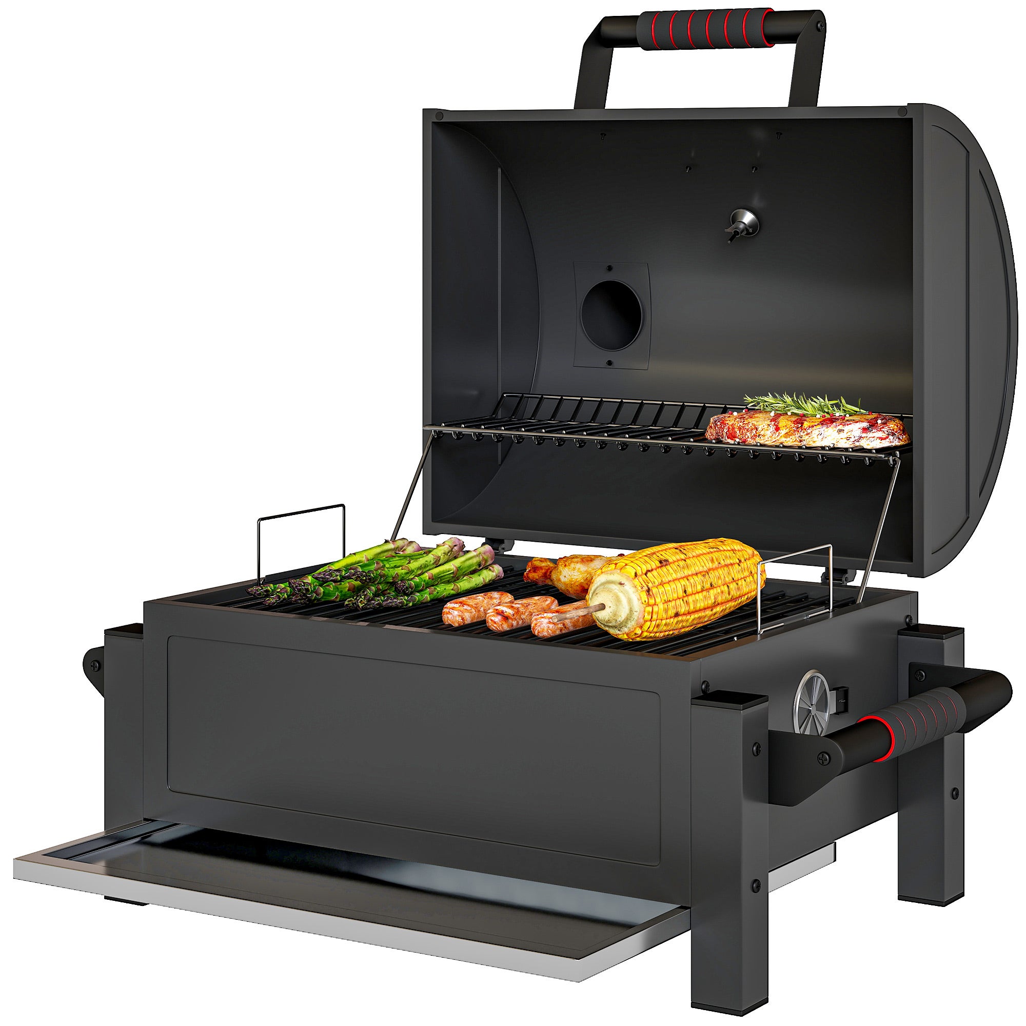 Barbecue charbon de bois avec couvercle, grille de maintien au chaud, bac à cendres, thermomètre, inoxydable, 67 x 53 x 55 cm, noir/rouge - 6