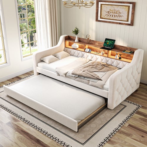 Lit Enfant 90x190 Avec Lit Gigogne Intégré – Velours Beige, LED RGB, Ports USB/Type-C, 2 Tiroirs – Sans Matelas - 6