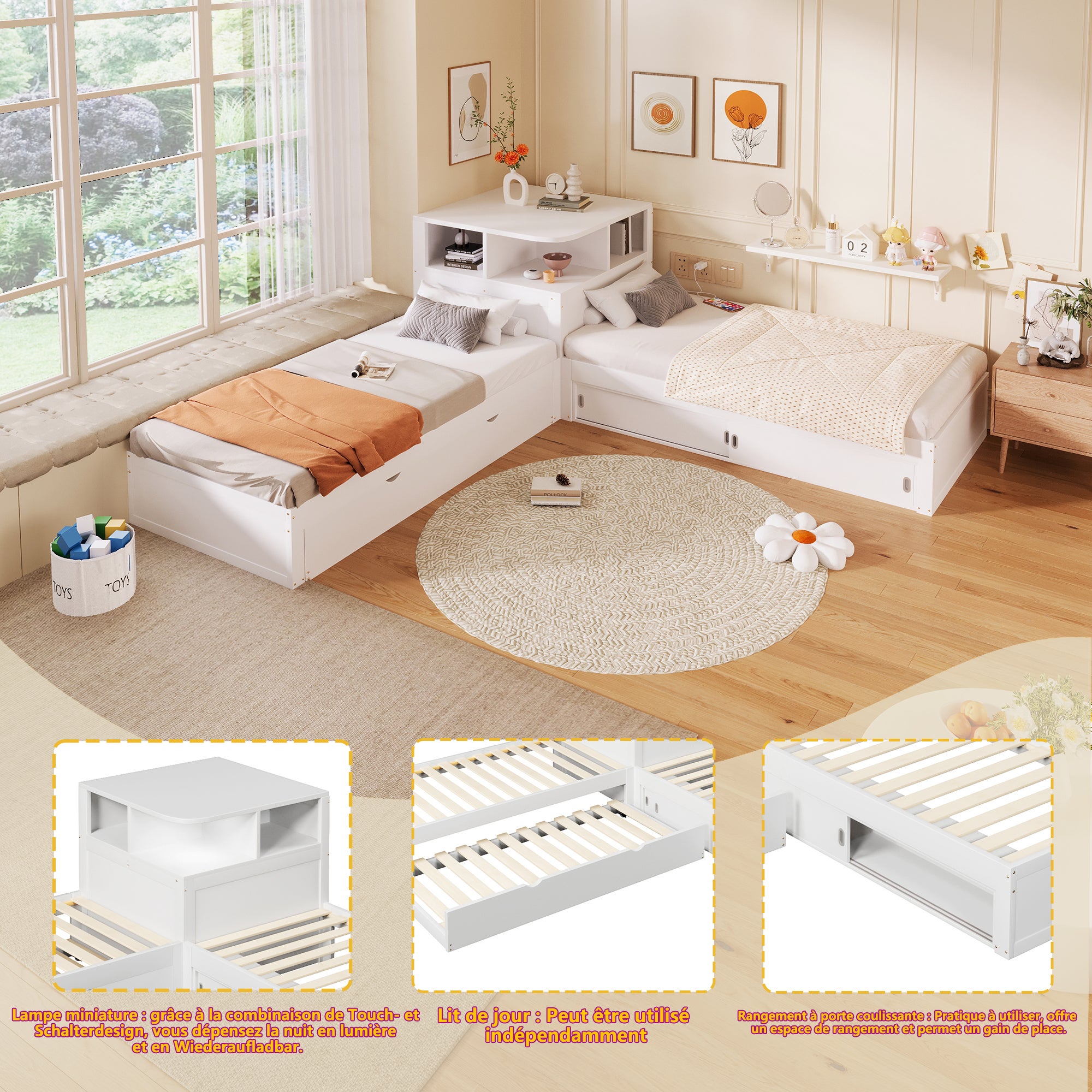 Lit plateforme 2x90x200cm avec lit gigogne 90x190cm, lit enfant avec armoire de rangement. lit double Sommier à lattes, blanc - 5