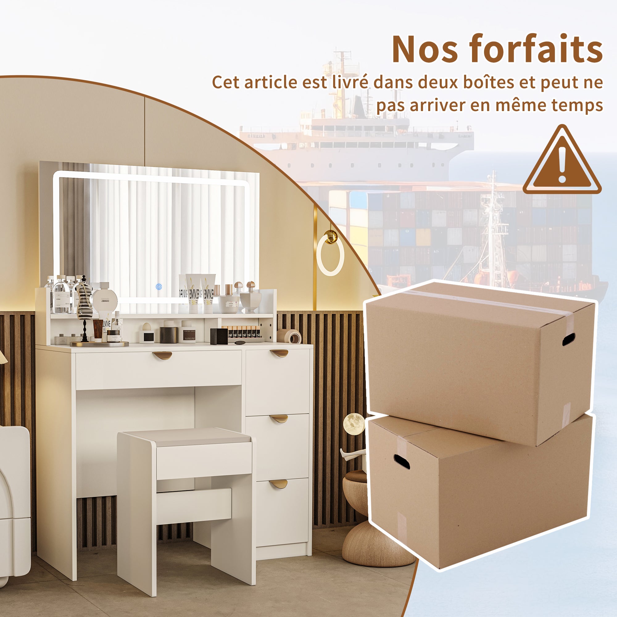 Coiffeuse blanche, miroir LED tactile tricolore, 4 tiroirs, prise électrique intégrée, 1 tabouret, support pour sèche-cheveux - 40x90x140 cm - 5