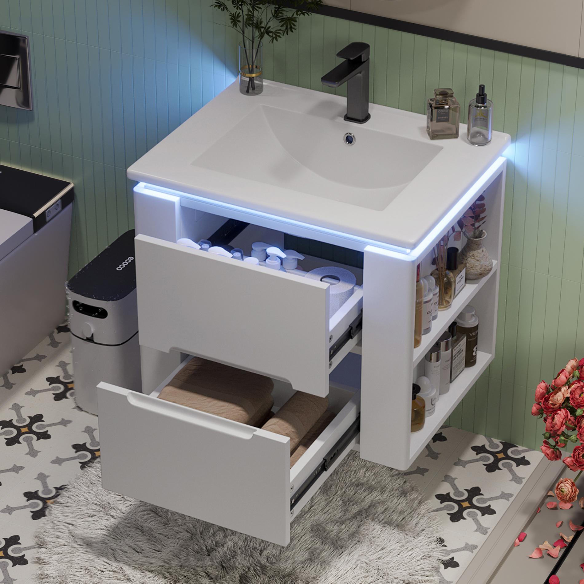 Wisząca szafka łazienkowa 61 x 46 x 48,5 cm z lakierowanego na biało MDF z wbudowaną ceramiczna umywalką, czujnikiem radarowym LED i półkami bocznymi