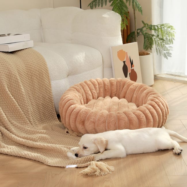 Cama redonda para perros y gatos en suave tela caqui de 50 cm de