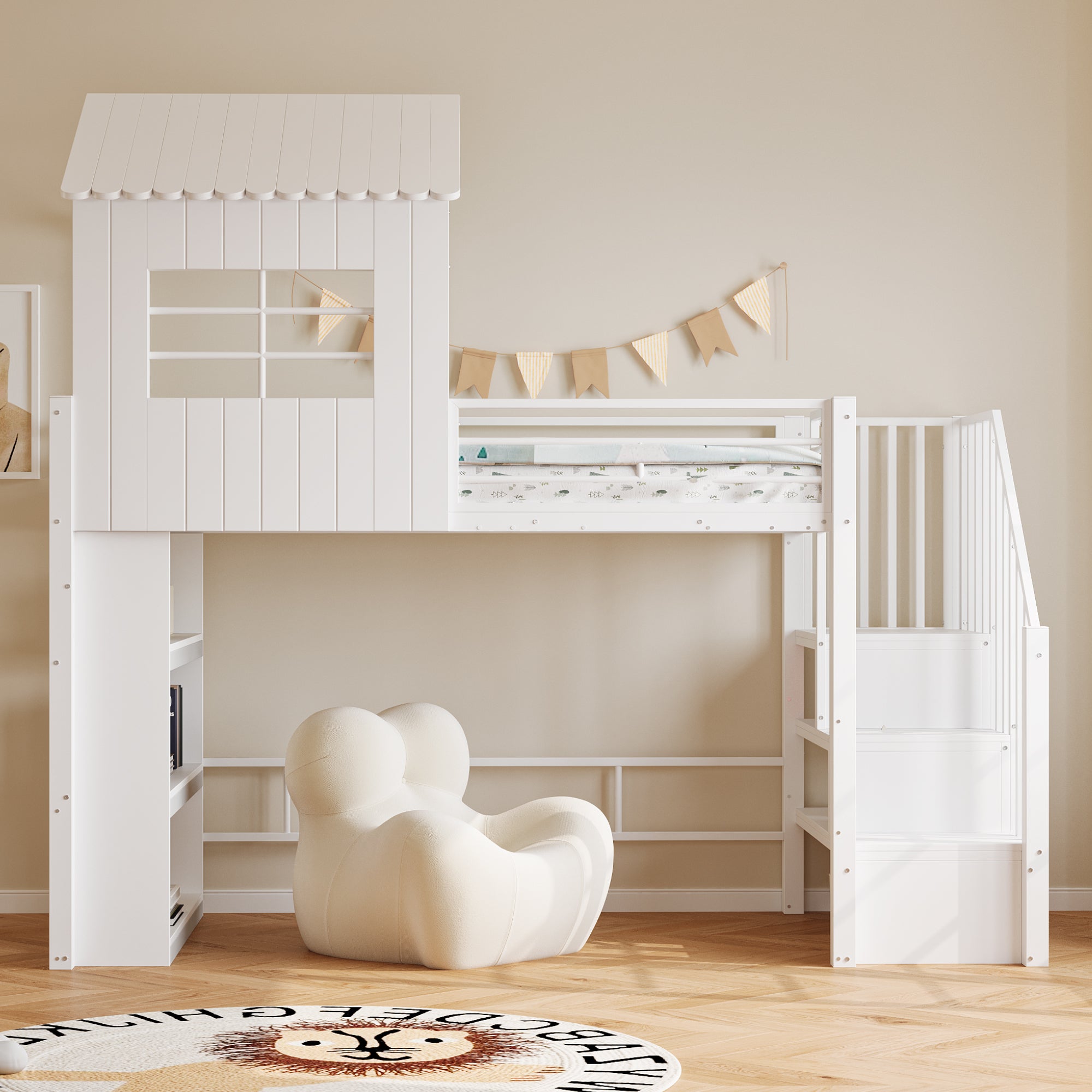 Lit mezzanine 90x200,conception de maison,Lit enfant avec espace de stockage et grille haute protection,Escaliers installables à gauche/droite,Blanc - 3