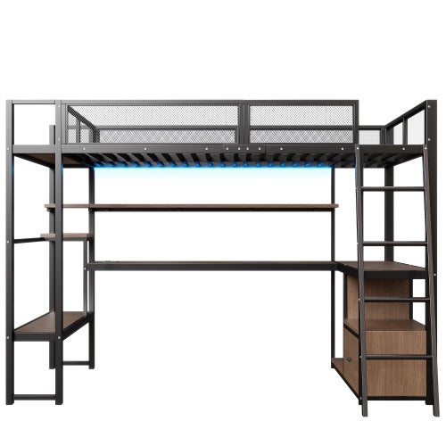 Lit Mezzanine 2 Place avec LED, Lit Superposé Enfant 140x200 avec fnombreux rangements et poste de travail intégré,Noir(Sans Matelas) - 3