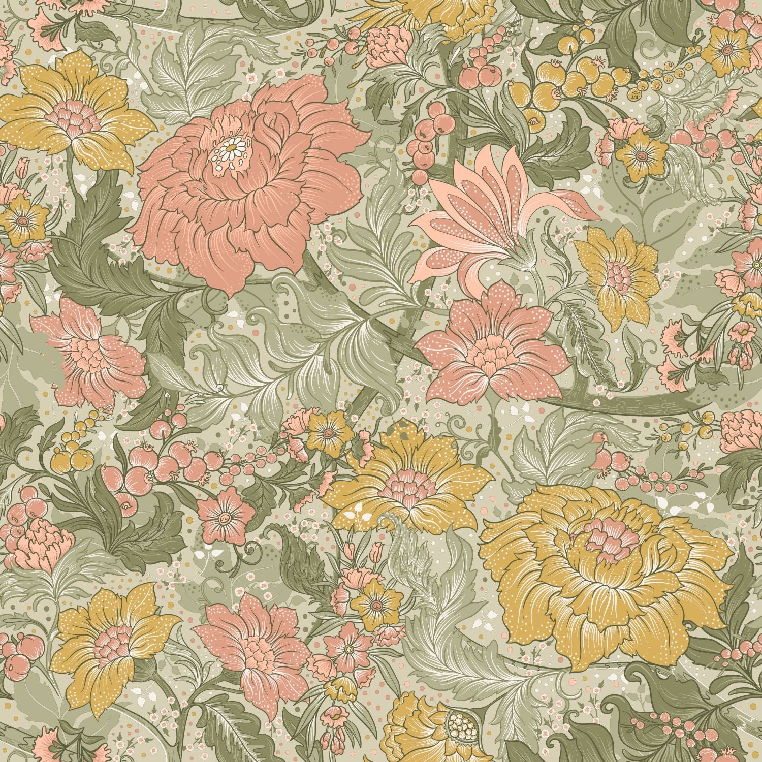 Papier peint fleurs vintage vert grisé, rose et jaune ocre - 50 x 900 cm - ESTAhome - 8