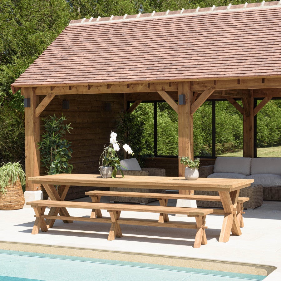 Bancos Plegables De Madera Y Acero - Lote De 2, Longitud 218 Cm, Soporte Hasta 300 Kg, Ideal Para Terrazas Y Eventos
