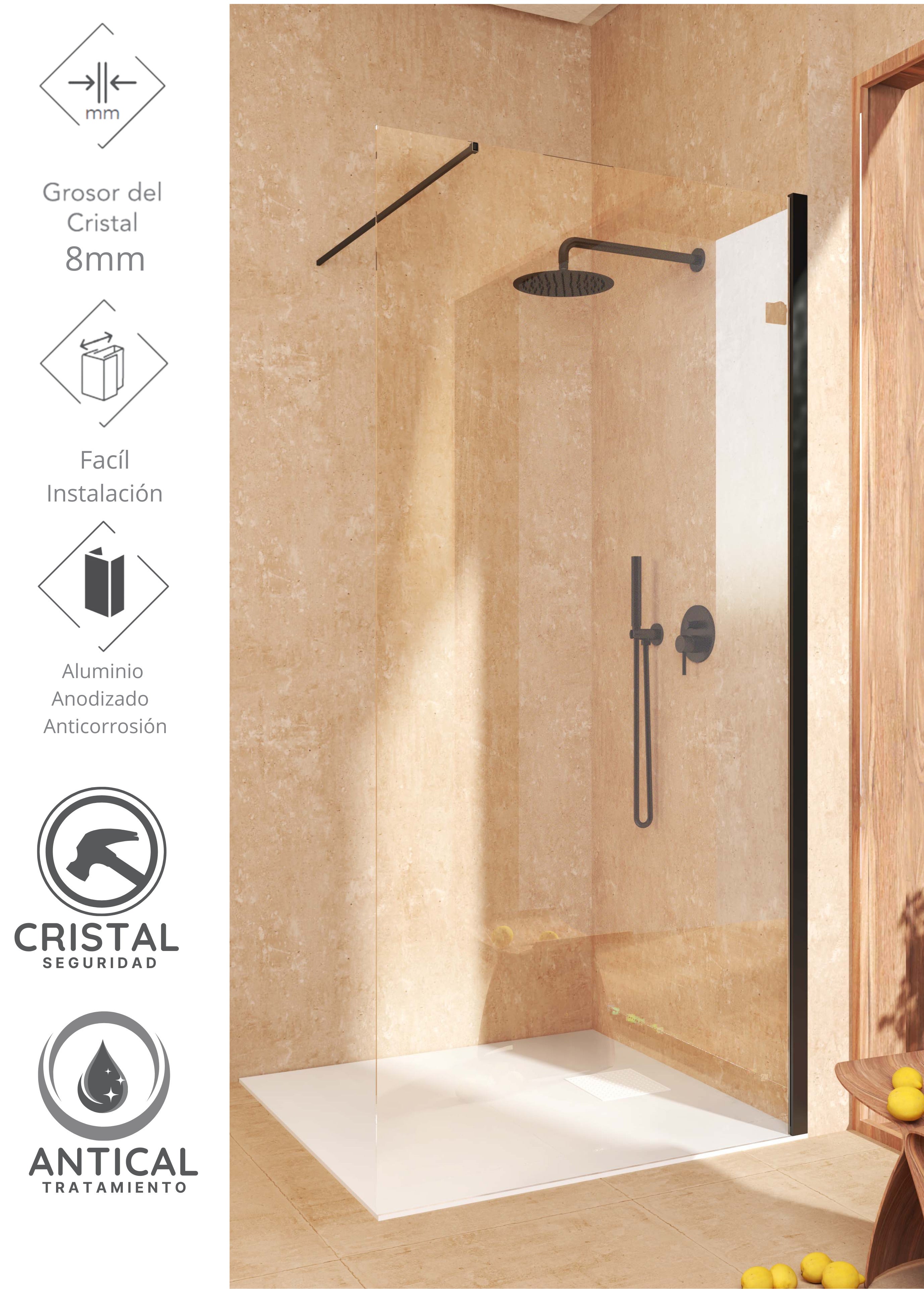 SOULHOME Mampara de ducha Panel Fijo, Fácil instalación Vidrio de seguridad 8 mm antical, 80 cm ancho x 200 cm alto, Perfil Negro mate - 5